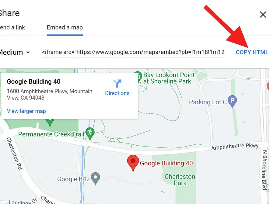 Click on Copy HTML to get the Google Map Embed Code