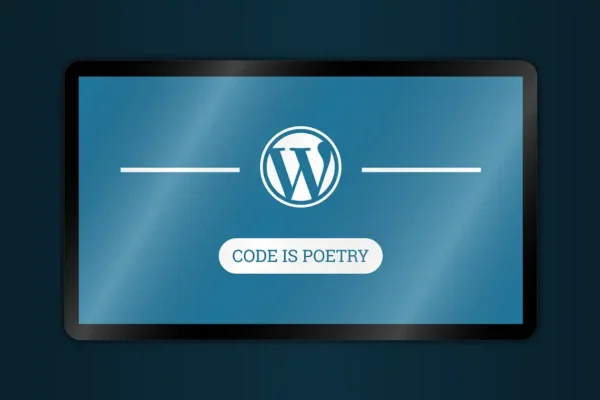 Graphic of WordPress logo and Slogan on a Computer Screen