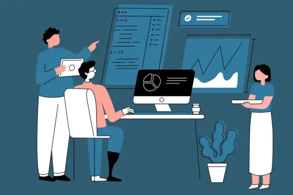 Graphic of people using computers
