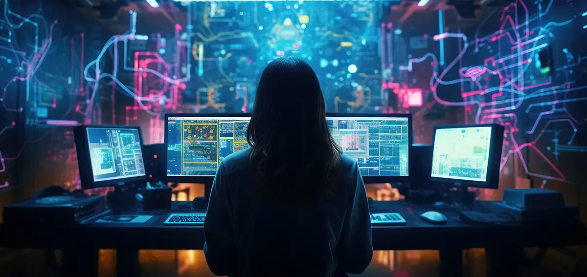 Back of female hacker as she sits in front of 4 monitors in a dimly lit room