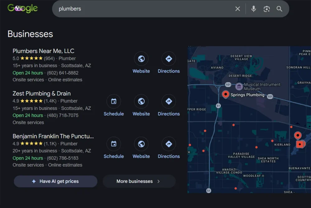 Screenshot of Plumbers near me Google Maps