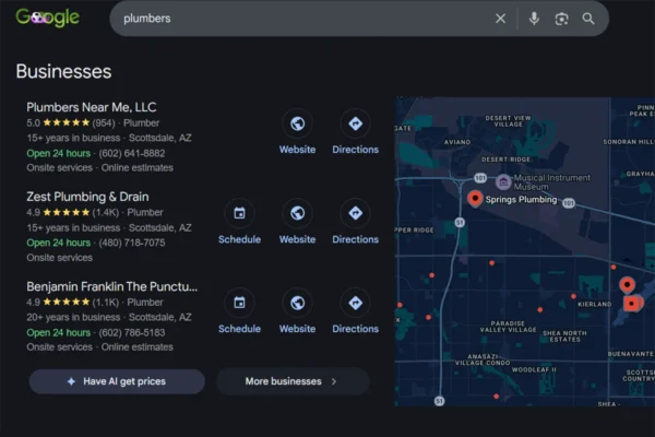 Screenshot of Plumbers near me Google Maps