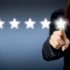 Woman points to a 5 star rating