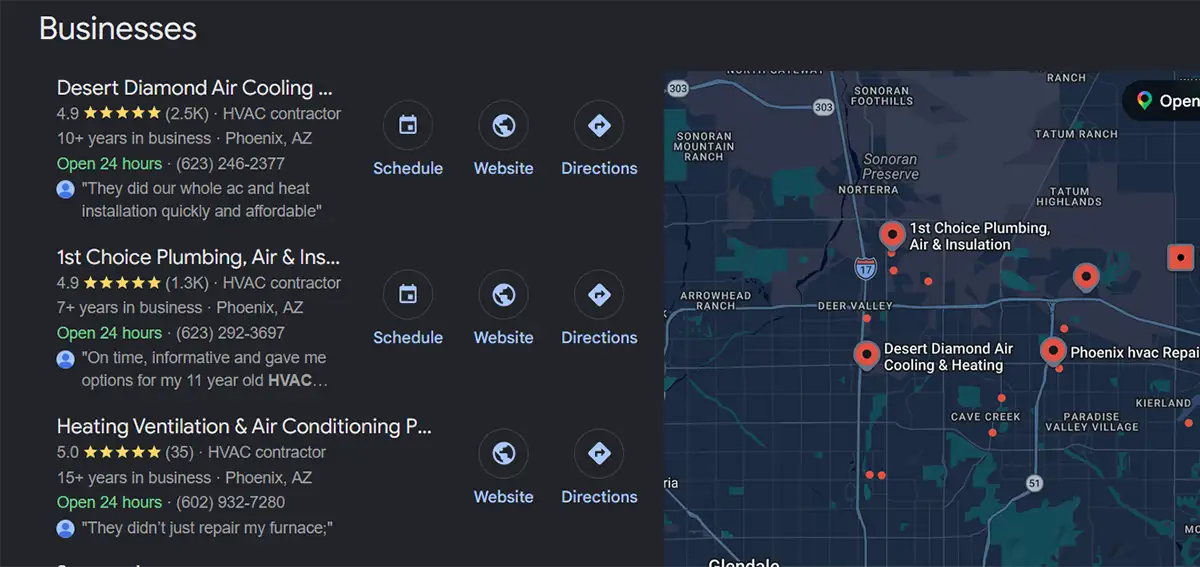 Google Map Pack for HVAC Phoenix